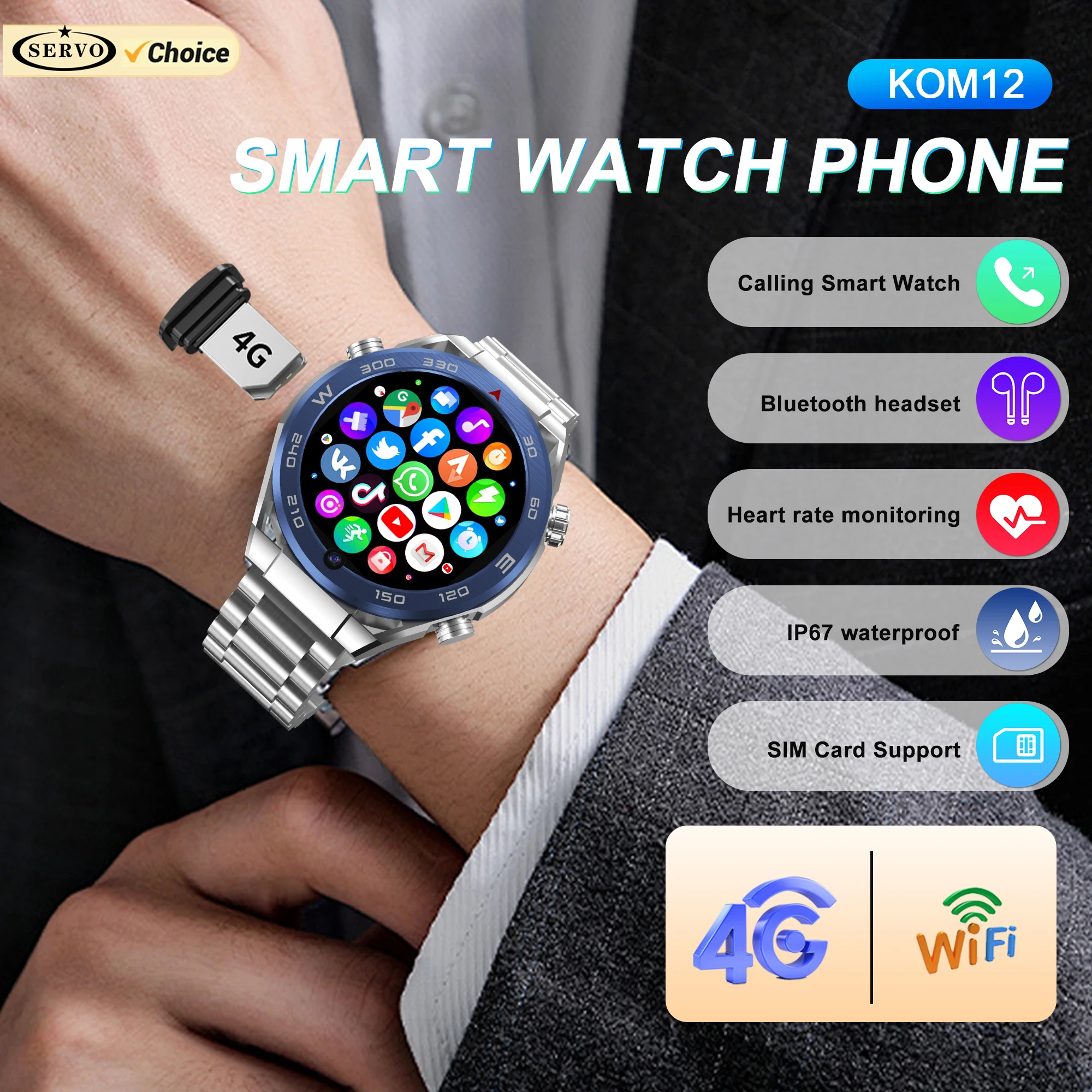 SERVO KOM12 Smartwatch Mobile Phone 4G LTE Android System Play Store GPS 2GB+32GB Heart Rate Monitoring 1SIM Standby Smart Phone