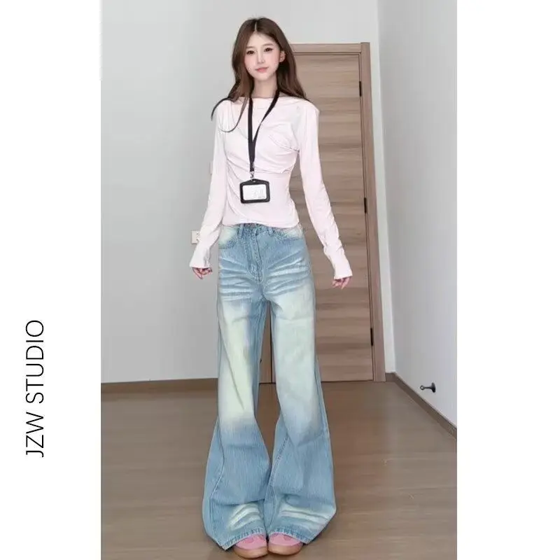 

Retro American Wave Pattern Straight Leg Jeans Men's Spring Summer Loose Casual Wide Leg Long Pants CleanFit Natural Waist