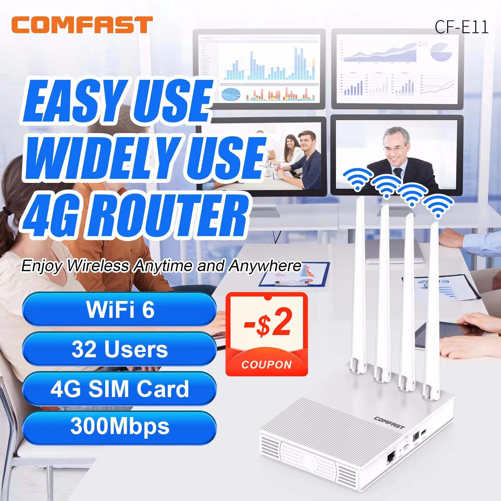 comfast AX300 4G Lte Modem with SIM Card WiFi6 2.4G Outdoor Portable Internet wireless Router ASR1803S Chip 4 Antennas PlugPlay