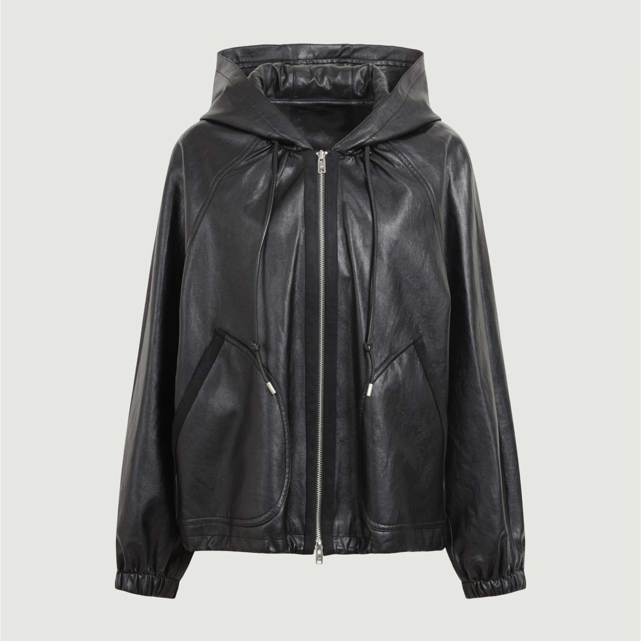 Capispalla Jaet in pelle versatile e allentata con cappuccio di alta qualità al formaggio al limone per le donne che pendolari con cerniera lunga