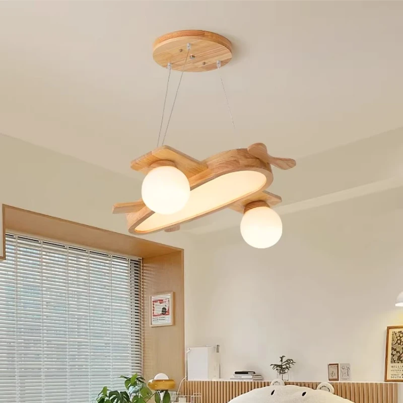 Solid Wood Cartoon Airplane Ceiling Lights Nordic Children's Room Lamps Bedroom Study Restaurant Walnut Color LED Hanging Lamp