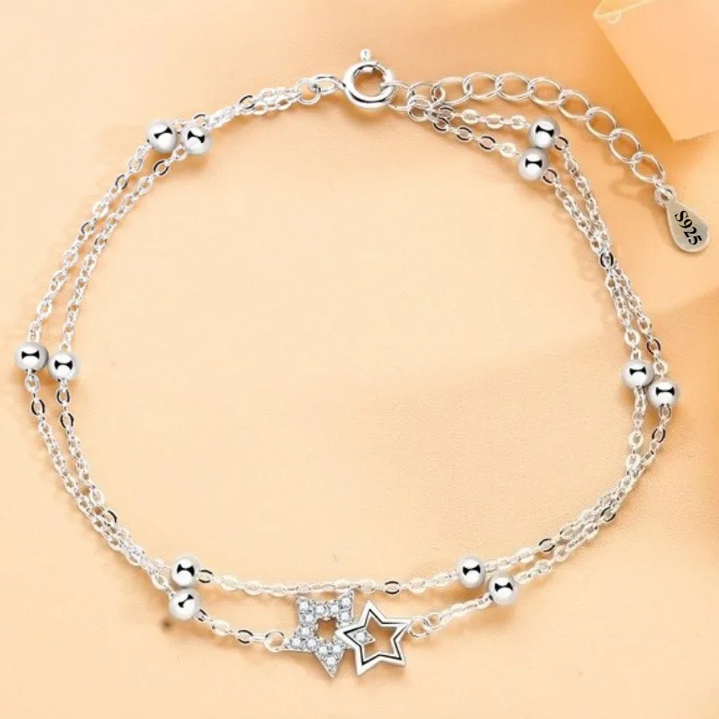 

925 Sterling Silver Double Layer Star Bracelets For Women Vintage Korean Designer Zircon Star Chain Bracelet Party Jewelry Gifts