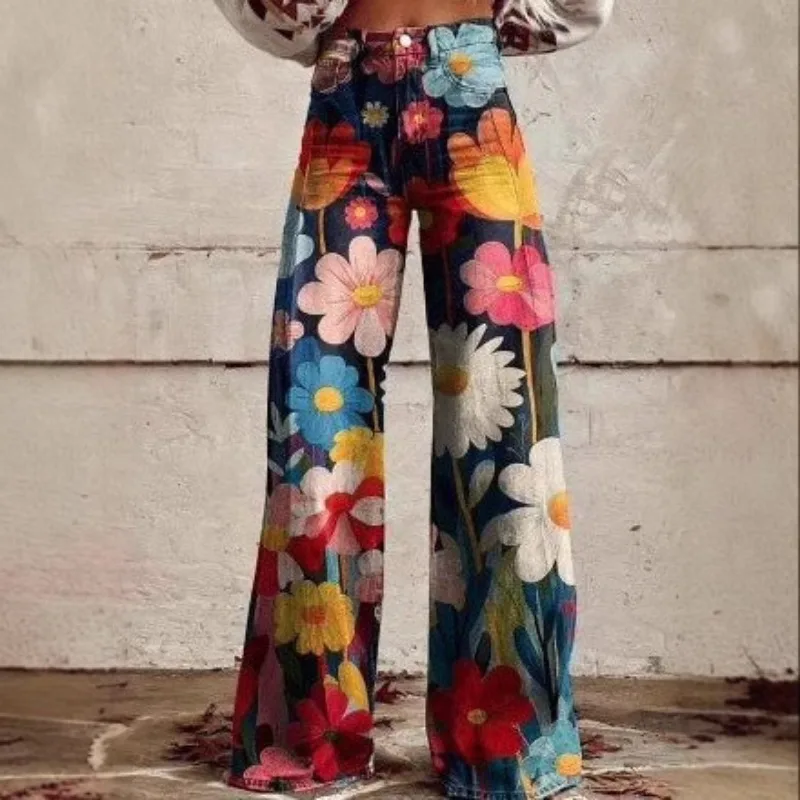 

Cross-border Trade Amazon Women's Plus-size Imitation Denim Bestseller 3D Printed Casual Pants Wide-leg Pants Flared Personality