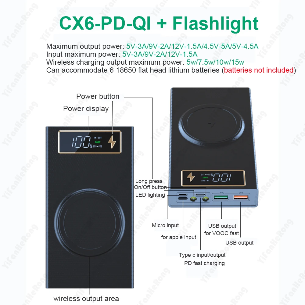 No Welding QC3.0 DIY Shell Detachable 6*18650 Battery Storage Box Quick Charge Wireless LED Display Power Bank Case