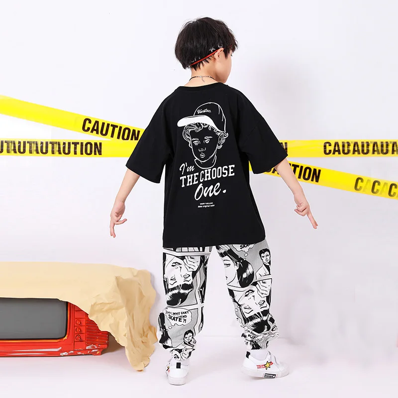 Ropa de Hip Hop para niños y niñas, camiseta negra de gran tamaño, Top estampado, pantalones casuales para correr, disfraz de baile, ropa de salón