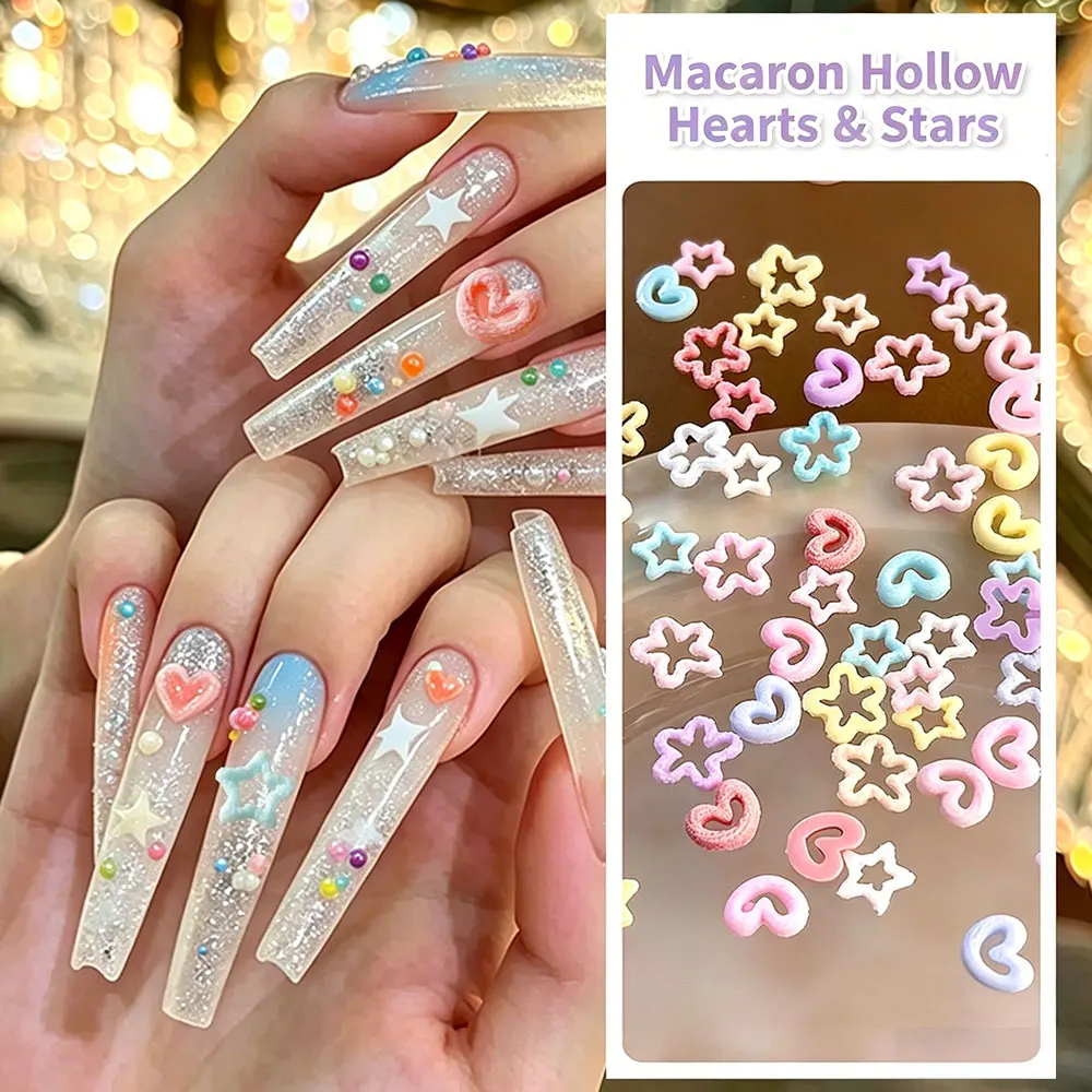 50pcs Macaron Hollow Star & Heart Nail Charms 3D Sugar Sand Pentagram Heart Nail Decorations Colorful Resin DIY Nail Accessories