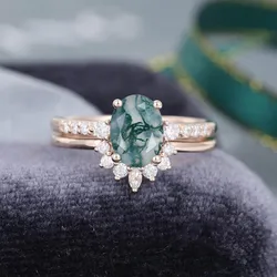 Moss Agate Engagement Rings for Women Elegant Natural Green Gemstone Rose Gold Plated Ring Fine Wedding Jewelry Anniversary Gift