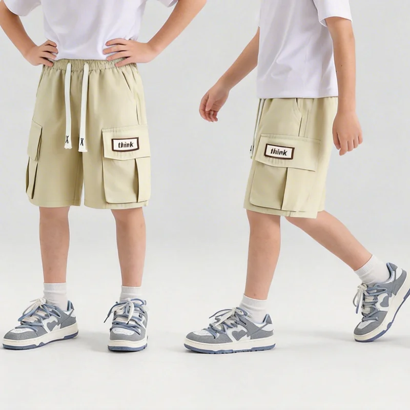Summer Boys Sports Big Pocket Shorts Loose Knee Length Pants Elastic Waist Teen Casual Cargo Trousers Fashion Thin Work Pants