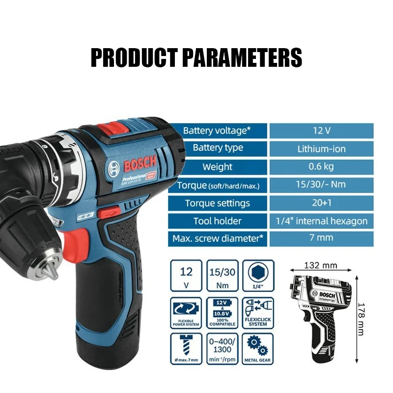 Bosch Cordless Drill Electric Screwdriver GSR 12V-15 FC Rechargeable Lithium Battery Hand Drill Driver Power 12V Bare Tools