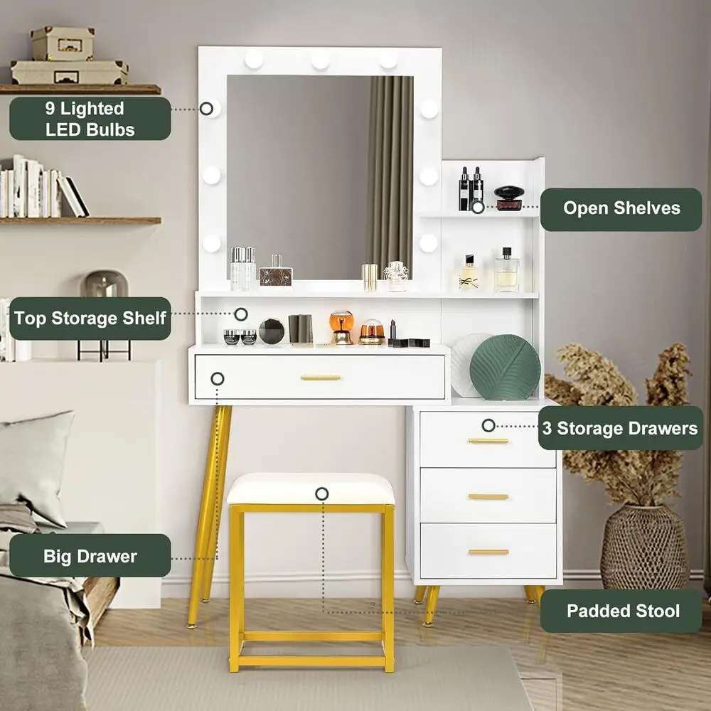 Vanity Set Desk with Lighted Mirror Makeup Dressing with 4 Drawers and Stool