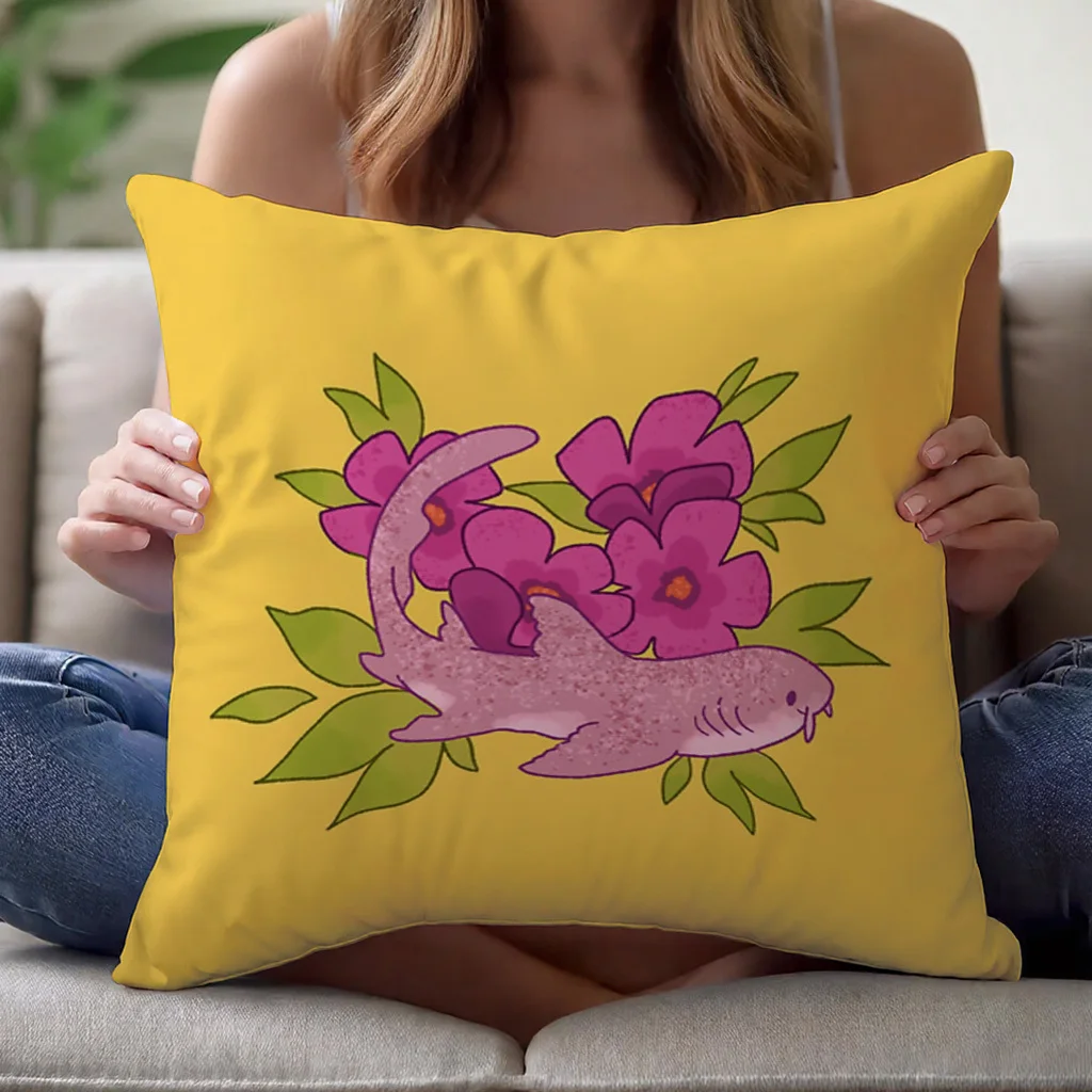 Nurse Shark Tropical Cushion Cover Single-Sided Polyester 18x18 Inch Zipper Mustard Yellow Pink Floral Washable