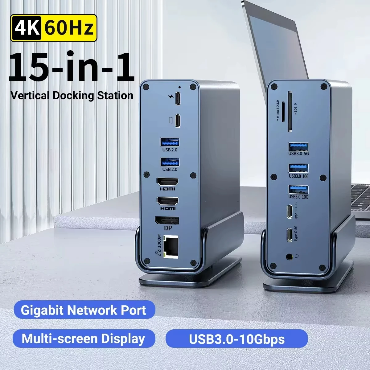 Type-C Docking Station 15 in 1 Hub 4K@60Hz HDMI DisplayPort USB A RJ45 SD TF Audio 3.5mm Port Adapter for Macbook Pro Laptop PC