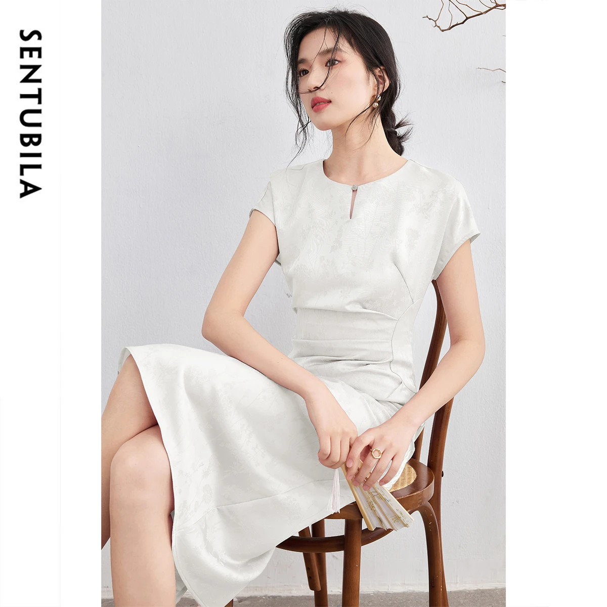

SENTUBILA Women's Summer White Dress Jacquard Chinese Style Dresses 2025 Elegant Wrap Cheongsam Luxury Evening Dress Q52LB2421