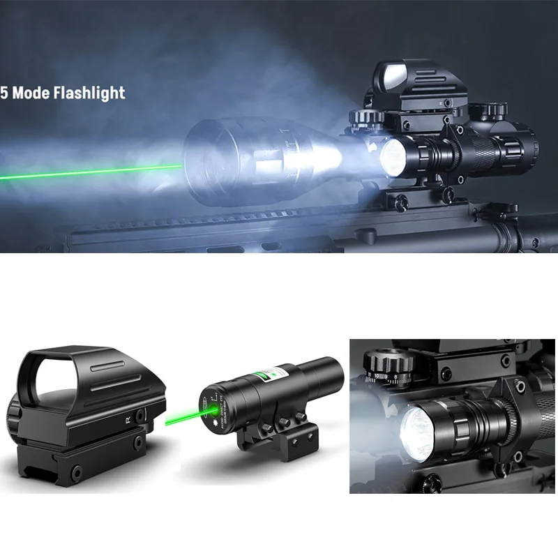 

4 in 1 4-16x50 AO Tactical Rifle Scope Combo Optics Reflex 4 Holographic Reticle Red Green Dot Sight Laser Sight Flashlight