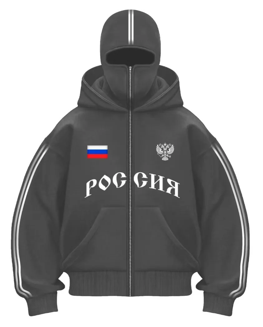 Y2K ملابس الرجال الهيب هوب الخريف روسيا رائجة البيع خمر مزدوجة أغطية رأس بسحاب حروف الجرافيك هوديس بلوزات سترة عادية #4