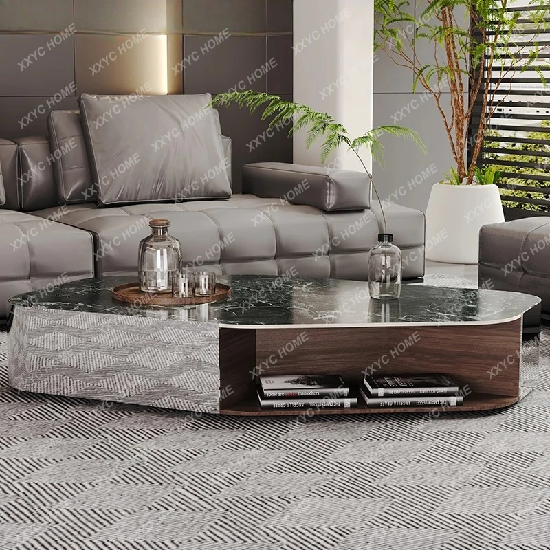 

Креативный журнальный столик из сланца и мрамора нестандартной формы, минималистичный, в стиле легкой роскоши, прямоугольный.