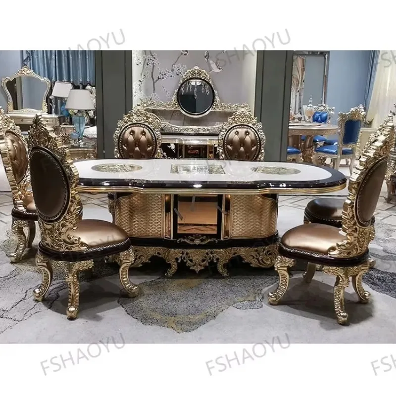 French Hand Carved Antique Wood European Royal Baroque Round Dining Table and Chair Solid Wood Table Sets