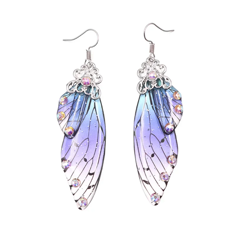 Handmade Fairy Tale Simulation Butterfly Wing Earrings Insect Wing Drop Earrings Flake Rhinestone Earrings Sweet Bridal Jewelry