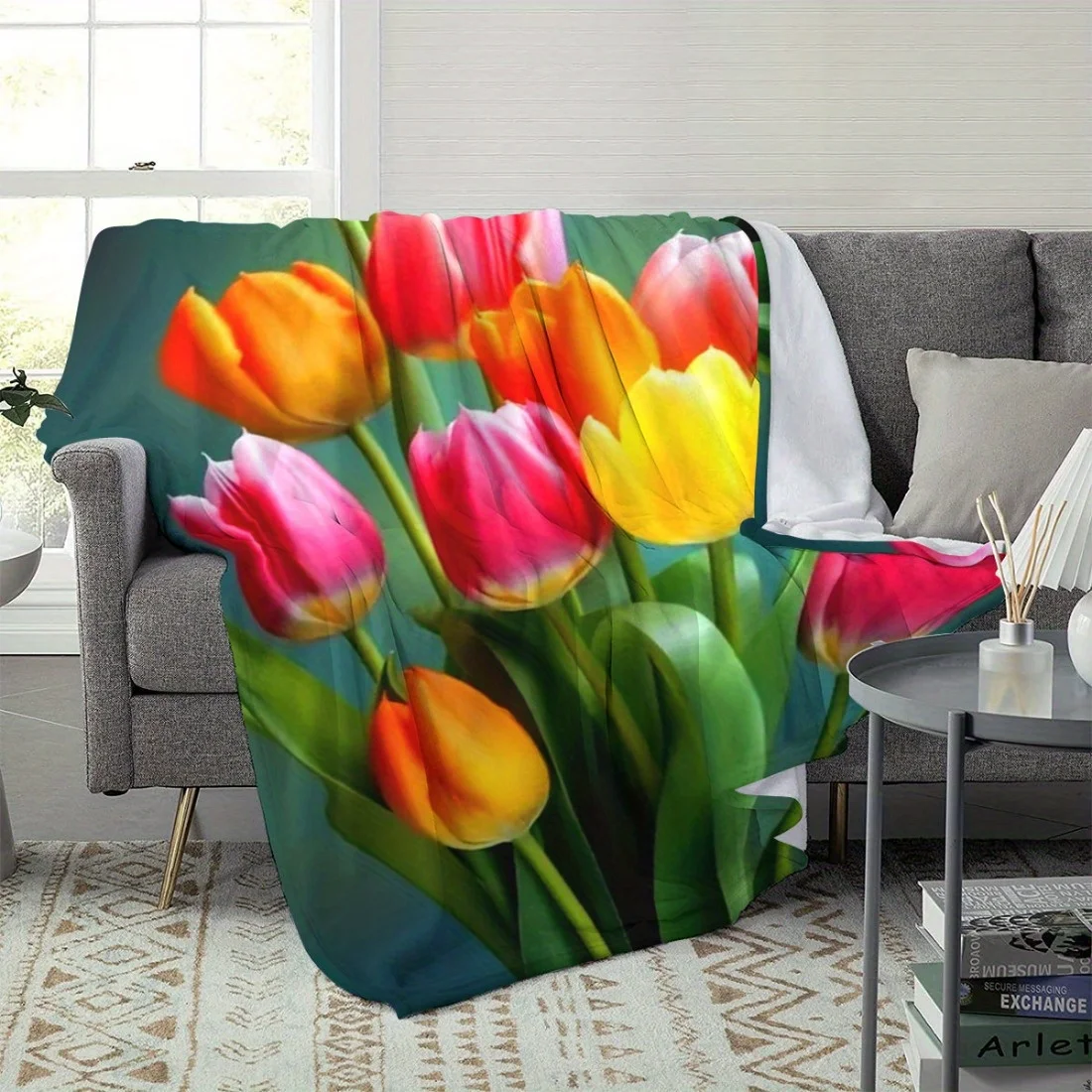 1PC3D Colorful Tulip-Themed Leisure Blanket, Perfect for Valentine'S Day Decoration, Birthday Nap Blanket, Blanket Suitable for