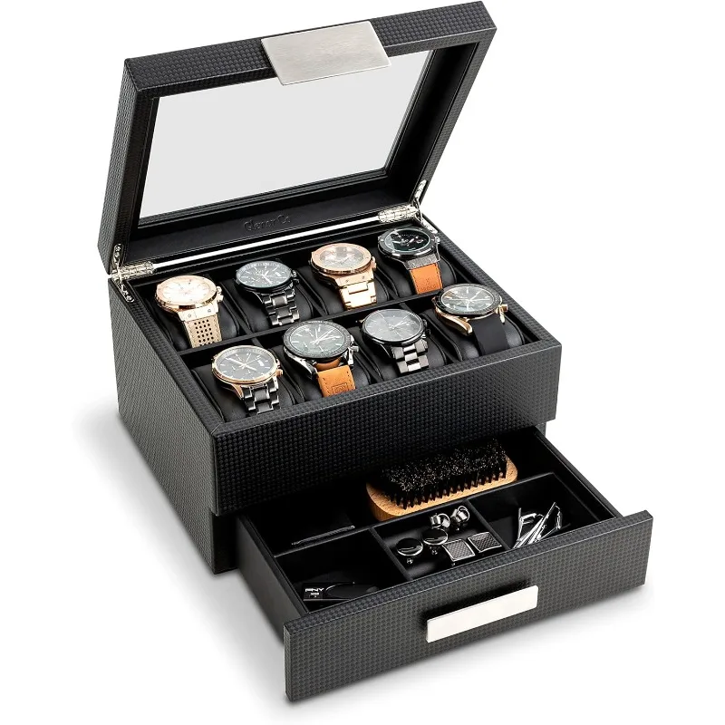 Watch Box with Valet Drawer for Men - 8 Slot Luxury Case Display Organizer, Carbon Fiber Design