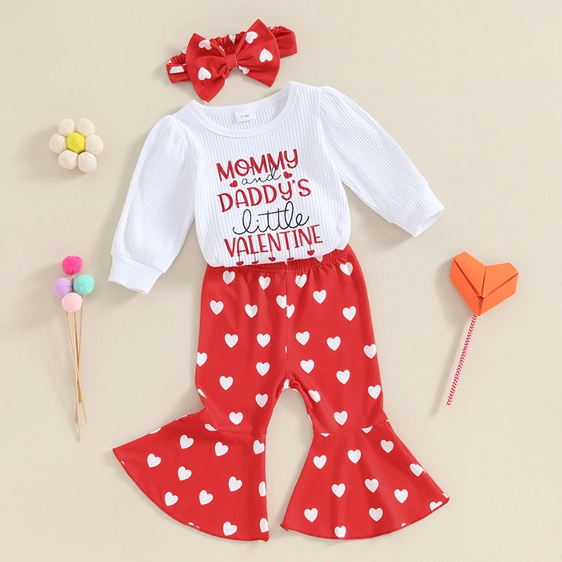 

Infant Baby Girls Valentine's Day Outfits Letter Heart Print Long Sleeve Romper Flare Pants Headband 3Pcs Set Newborn Clothes