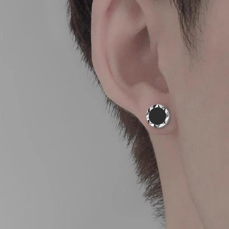 Trendy Black Agate Earrings Men's Personality Hip-hop High-end Car Flower Ear Stud Simple Geometric Circular Earring KOFSAC