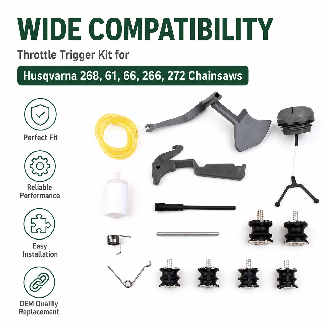 For Husqvarna 268 61 66 266 272 Saw Fuel Tank Vent Cap Line Filter & Isolator Buffer Mounts Set Replace 501873103 501573101 Kit