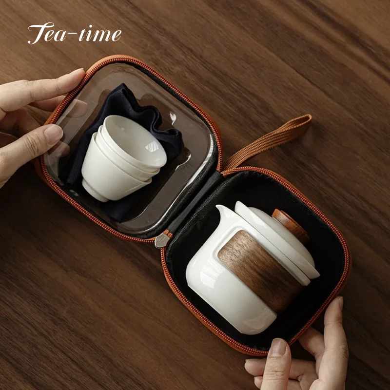 Sheep Fat Jade Travel Tea Set  White Porcelain Portable Cup Ceramic 1 Pot 3 Cups Filter Tool Chinese Teapot Ceremony Tools Puer