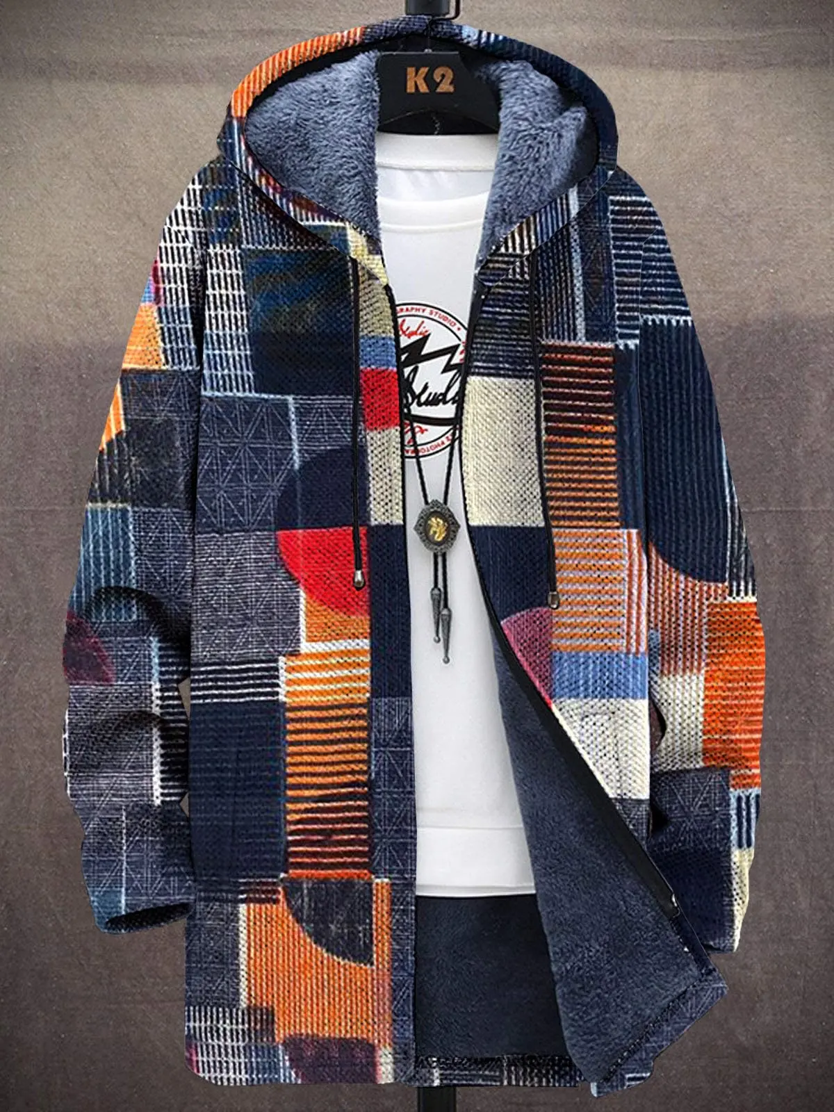 Men's Plaid Print Winter Fleece Lined Hooded Trench Coat Unisex Thick Warm Jacket