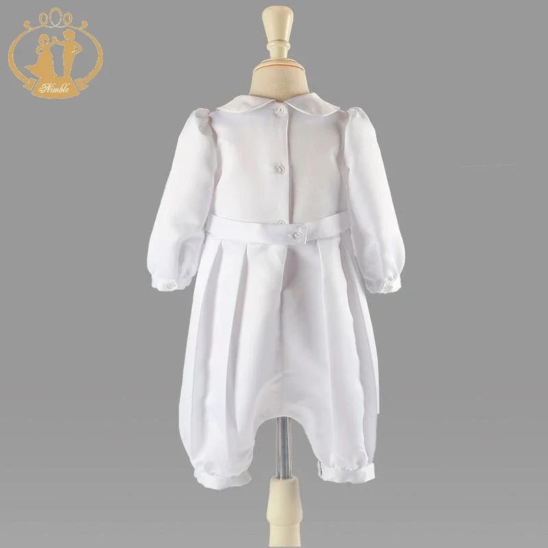 White Baby Boy Clothes Set Baptism Outfits Summer Solid Full Sleeve Bow Lace Christening Gown Newborn Gentleman Birthday