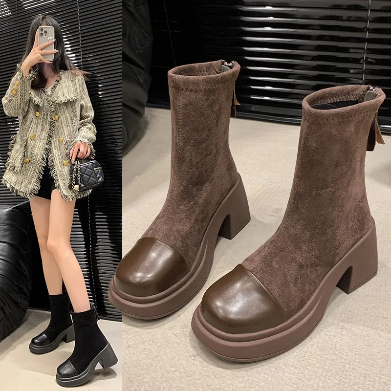 

Women Platform Stretch Sock Ankle Boots Flats Leather Fashion Shoes Woman 2024 Trend Chelsea Boots Winter New Snow Mujer Botas