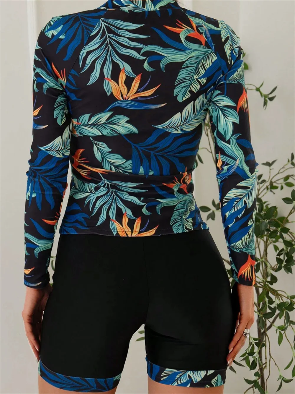 Sexy Zipper Bikini Leaf Print Tankini Sports Shorts Swimsuit Women 2 Piece Long Sleeve Holiday Swimwear Beach Outfit Swim Trunks