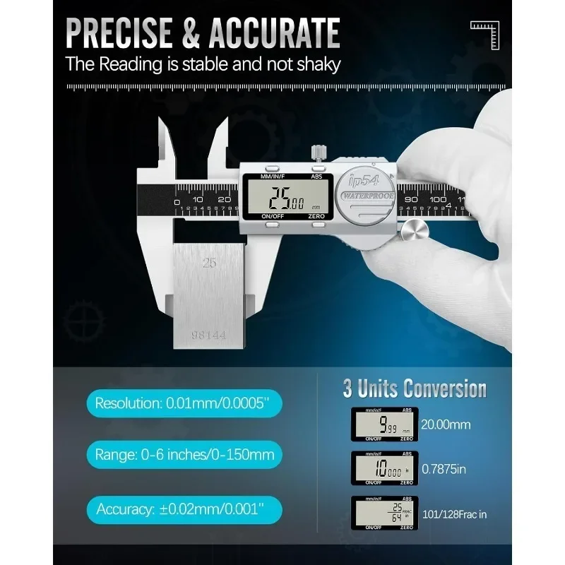 Digitale schuifmaat 12 inch, (ABS) Absolute Scale Caliper, IP54 schuifmaat meetinstrument, Inch/MM/Fractie