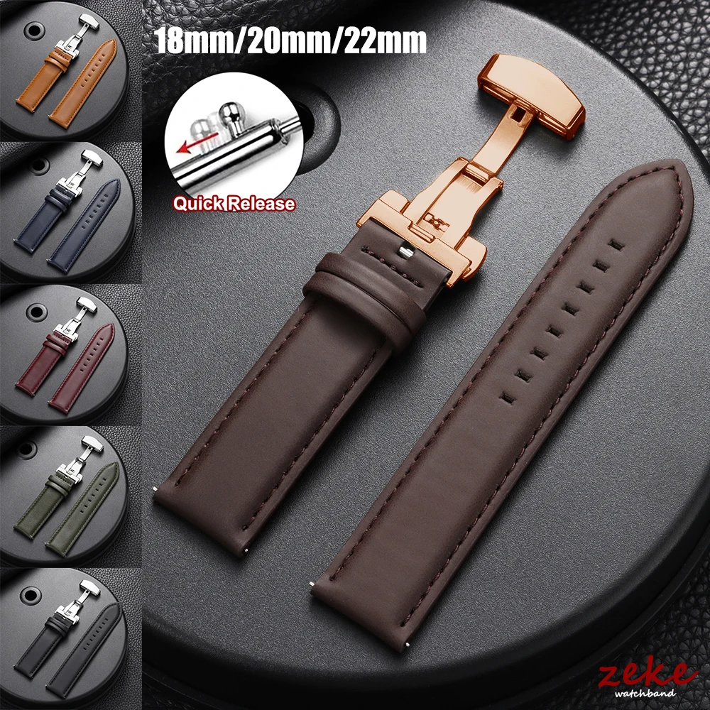 18mm 20mm 22mm Echtleder-Uhrenarmbänder Schwarz Braun Grün Schnellverschluss-Armband für DW für Omega mit Schmetterlingsverschluss
