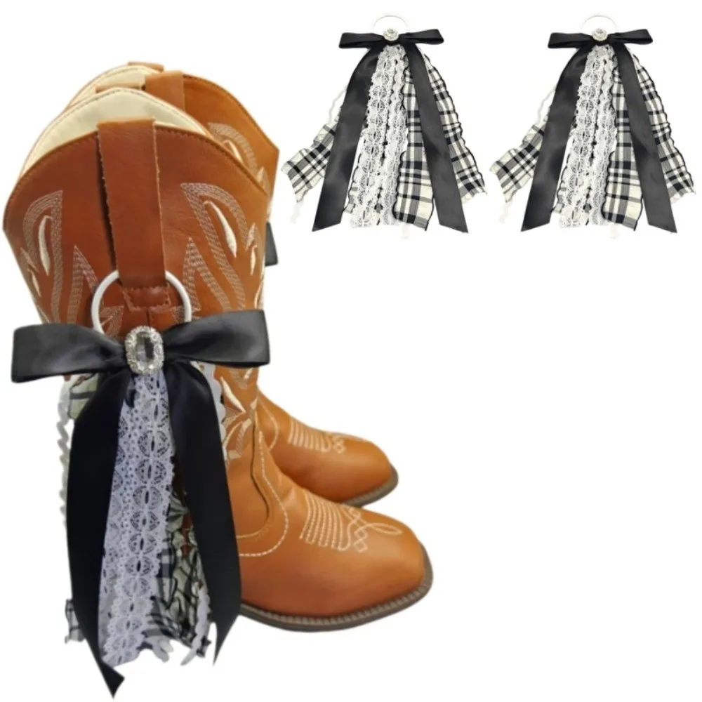 1Pair 2 Pcs Boot Bows Lacey Plaid Ribbon Tassel Design Ribbon Boot Charms Fashion Lace Bow Removable Decor DIY Shoe Charms
