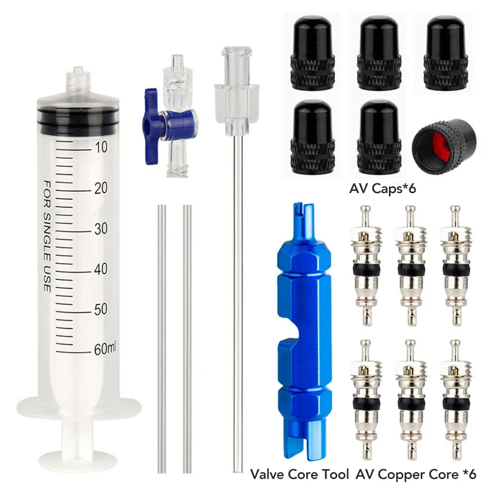 حقنة حاقن الإطارات بدون أنبوب 60 مللي لأداة مانع التسرب السائل للدراجة الجبلية/الطرق مع مزيل أساسي لصمام بريستا
