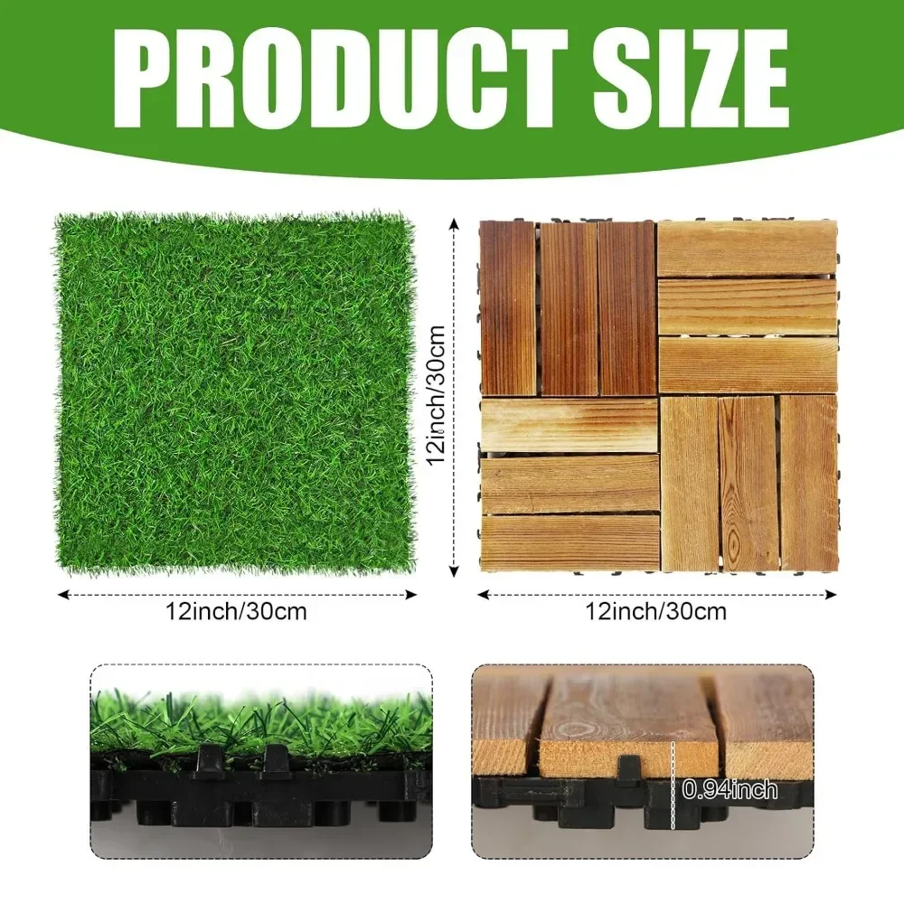 Hardwood Interlocking Patio Deck Tile and Artificial Grass Tile Waterproof Wood Flooring Interlocking Turf Tile total（48 total）