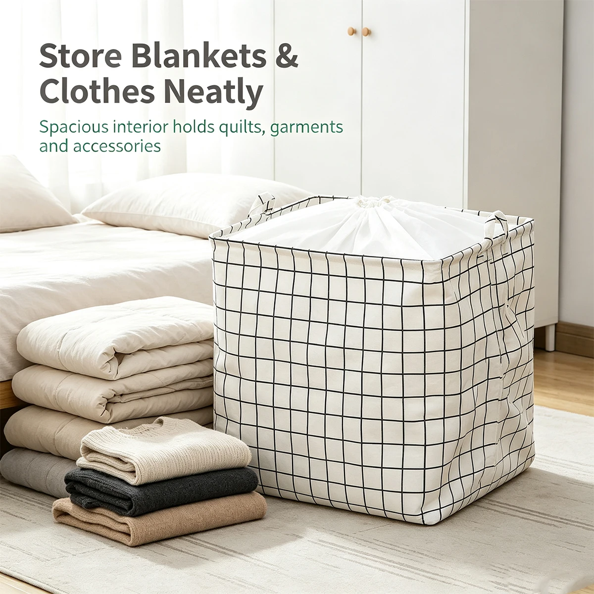 Large drawstring fabric storage box, foldable storage basket with handle, storage items for blankets, clothes, and bedrooms