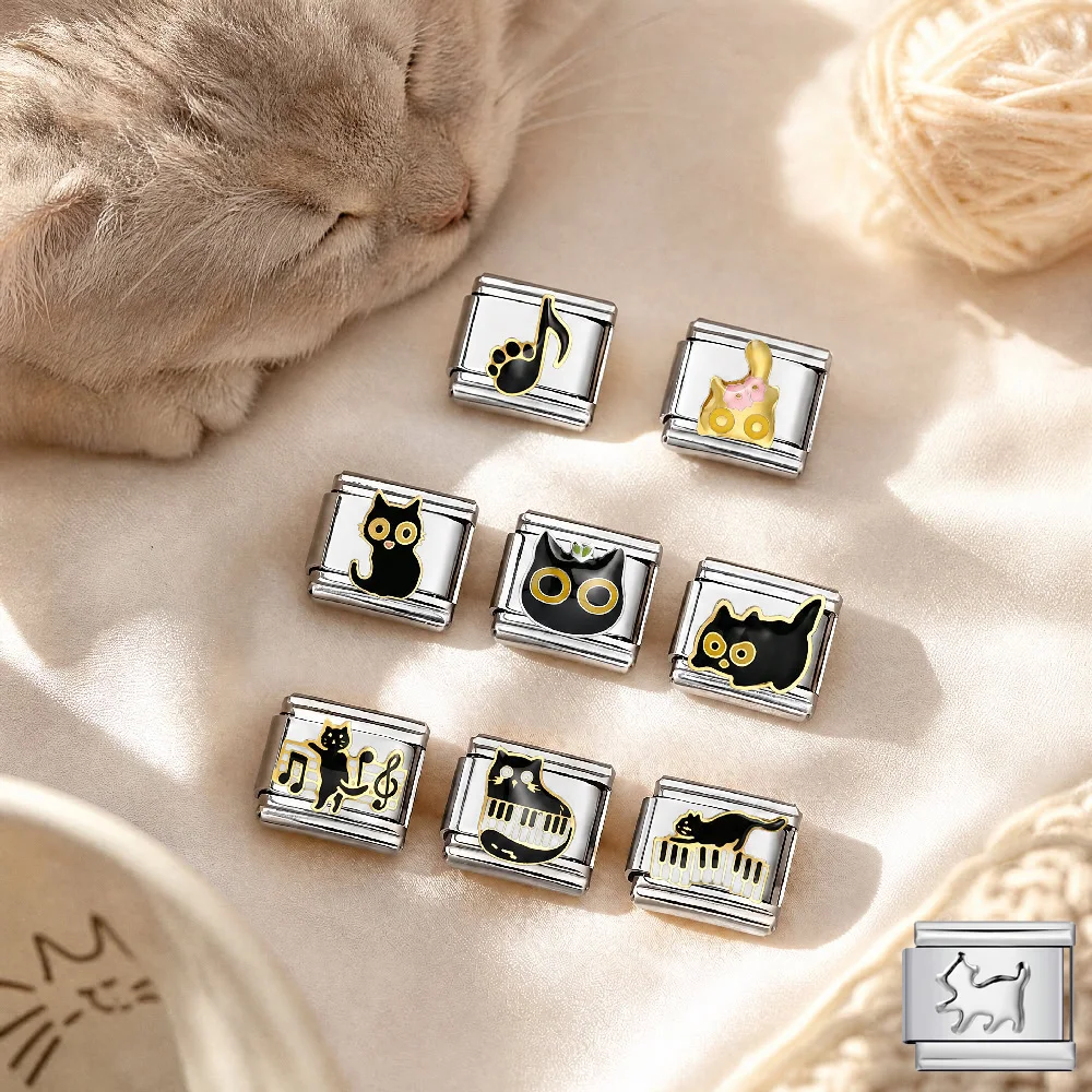 Music Fans Piano Pattern Black Cat Lover Women Men Bracelet Making DIY Beads Charms Link Fit 9mm Stainless Steel Italian Jewelry