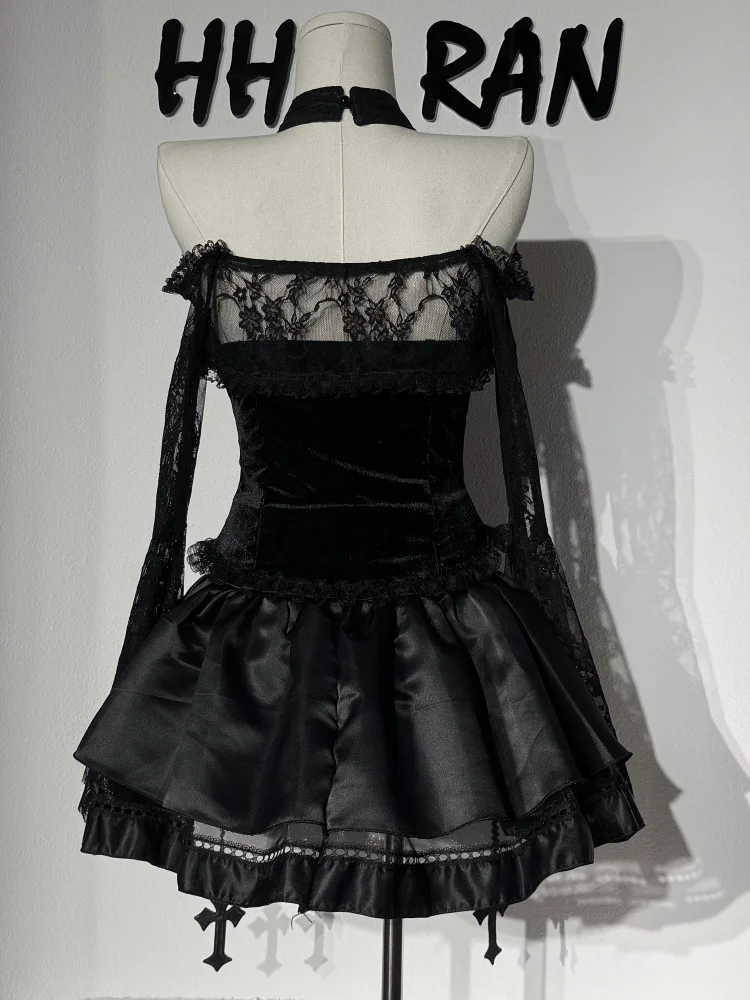 Gotisches Skelett-Cosplay-Kostüm für Damen, schulterfreies Kleid mit Spitze und ausgestellten Ärmeln, kurzes Kleid für Halloween, Nachtclub, Karneval, Rollenspiel-Outfit – Detail 16