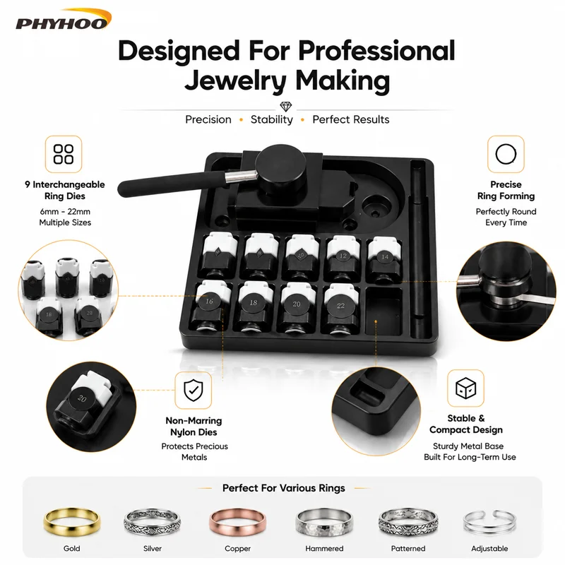 PHYHOO Ring Bending Tool Professional Jewelry Making Forming Machine Set with 9 Nylon Dies 6mm to 22mm for DIY Metal Bending NEW