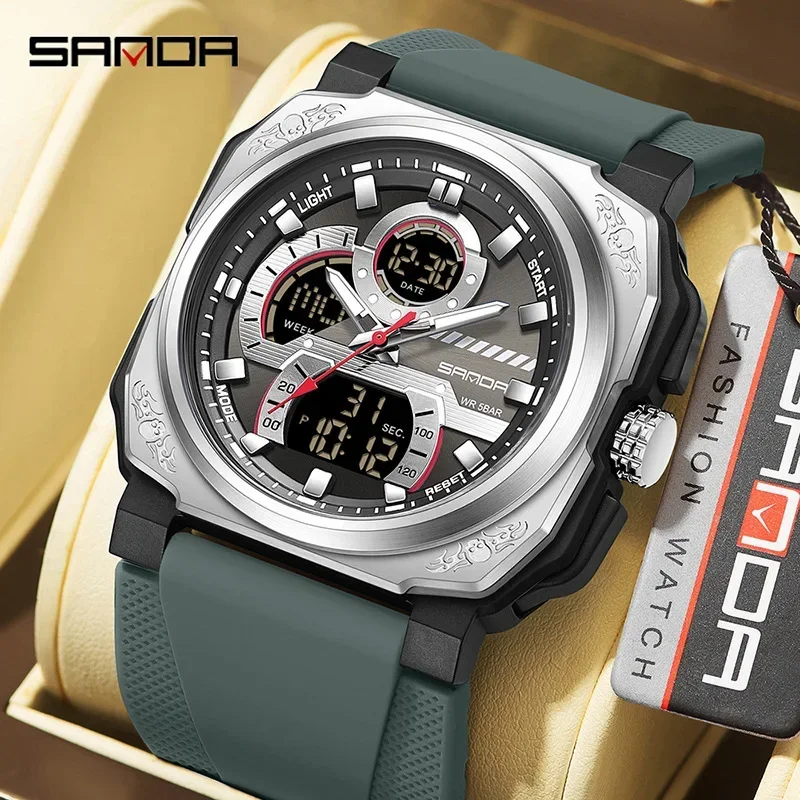 

SANDA 3356 мужские модные квадратные спортивные часы электронные кварцевые водонепроницаемые наручные часы-будильник многофункциональные деловые часы