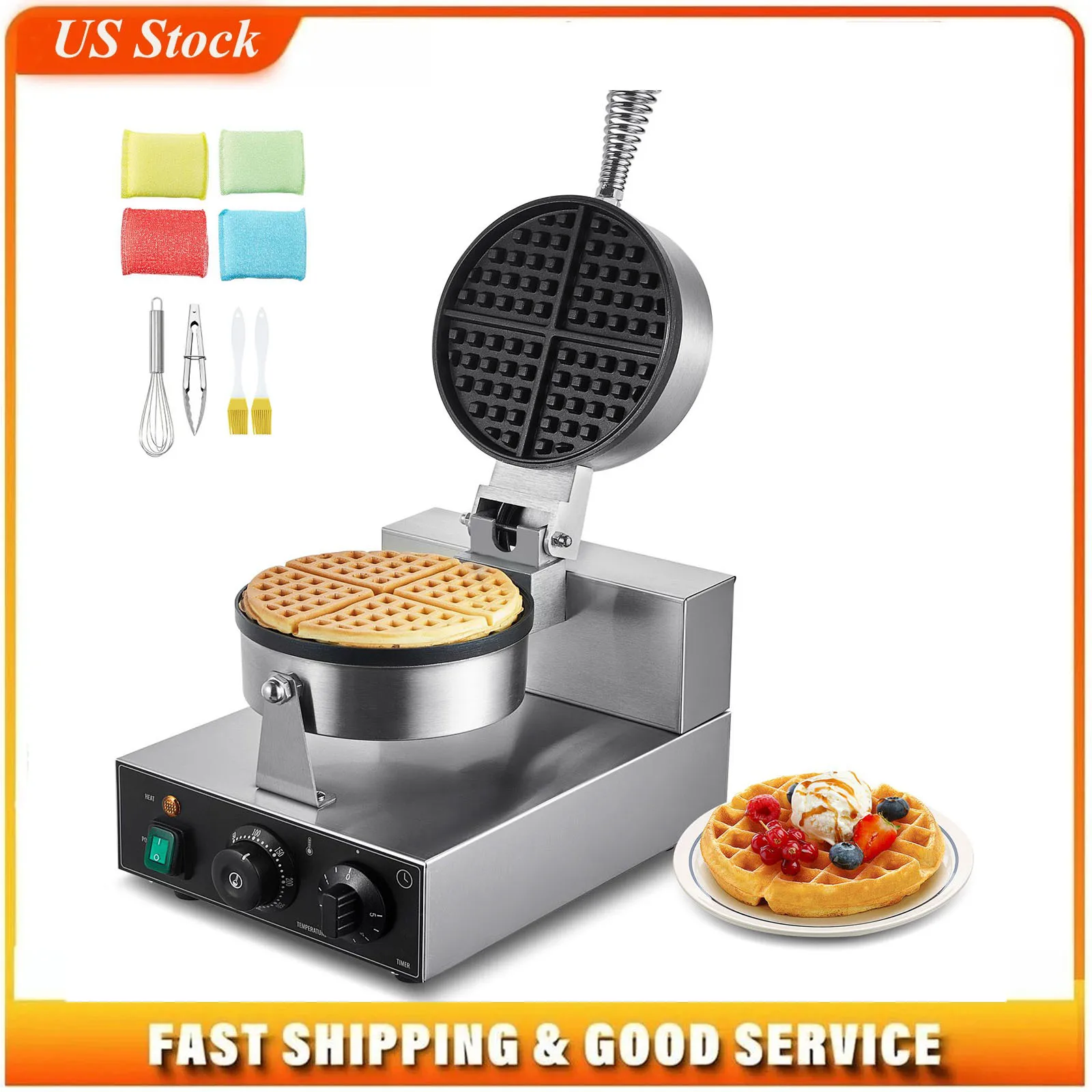 Commercial Waffle Maker, 1230W Round Waffle Baker Machine, Non-Stick Stainless Steel Belgian Waffle Iron with Temperature and Time Control, Handle, for Restaurant Bakery Snack Bar Family