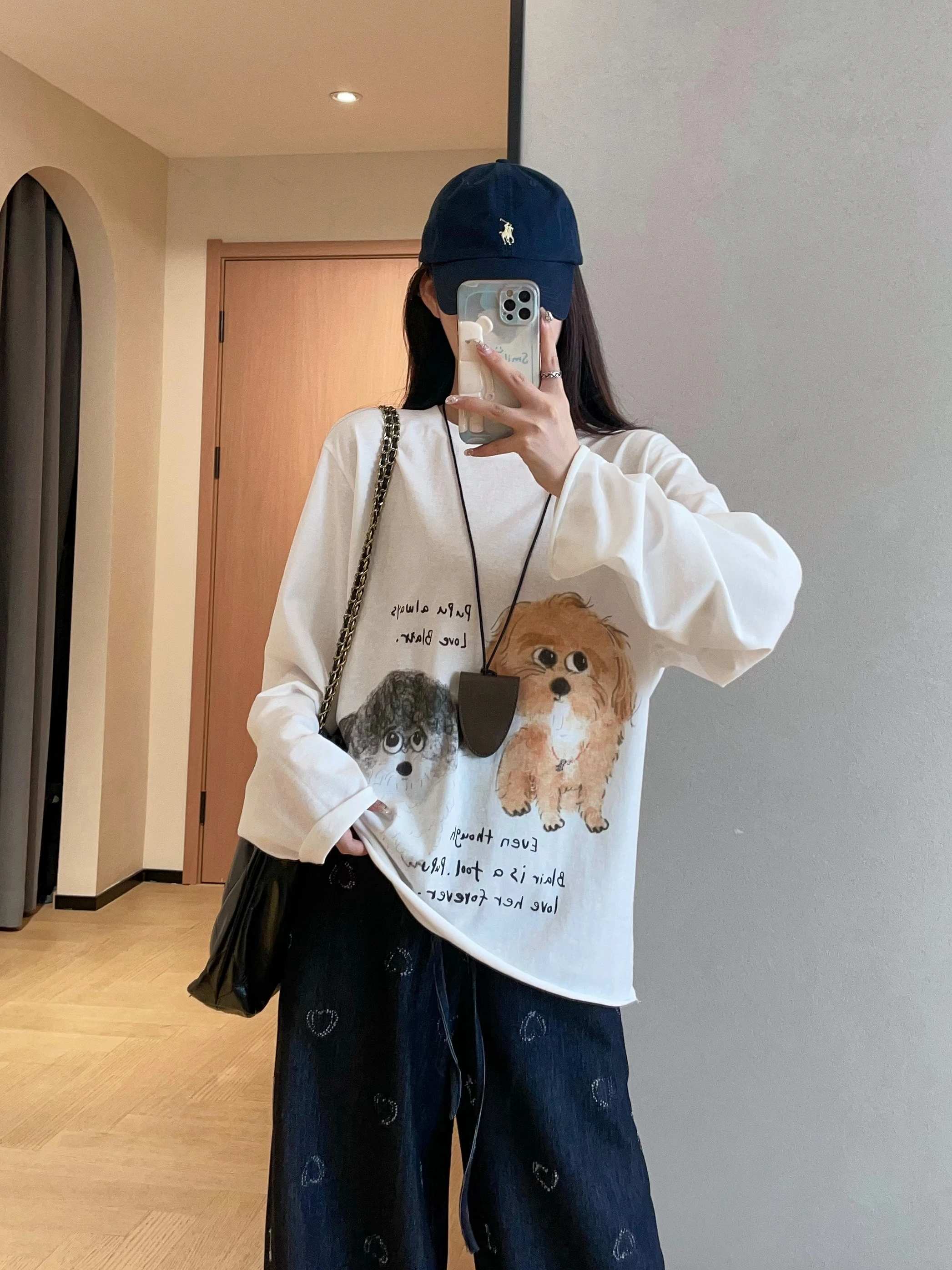 

WTHEONE Модная ретро-футболка с ручной росписью и принтом собаки, мягкая, свободная, утягивающая, с длинными рукавами, женская, весенне-летняя, повседневная, хлопковая