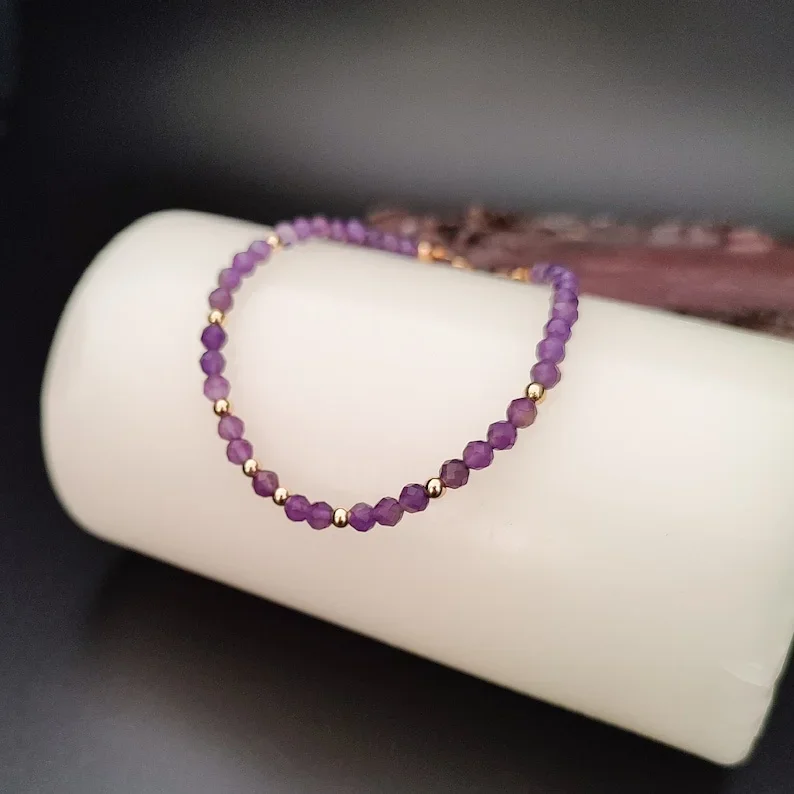 Dainty amethyst bead bracelet, Natural gemstone bracelet for women, Crystal healing jewelry