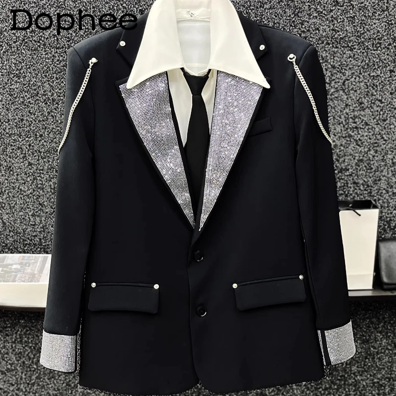 

Men's 2025 Autumn New High-End Tailored Coats Shiny Rhinestone Suit Jackets Men's Fashion Loose Versatile Stylish Chain Blazers