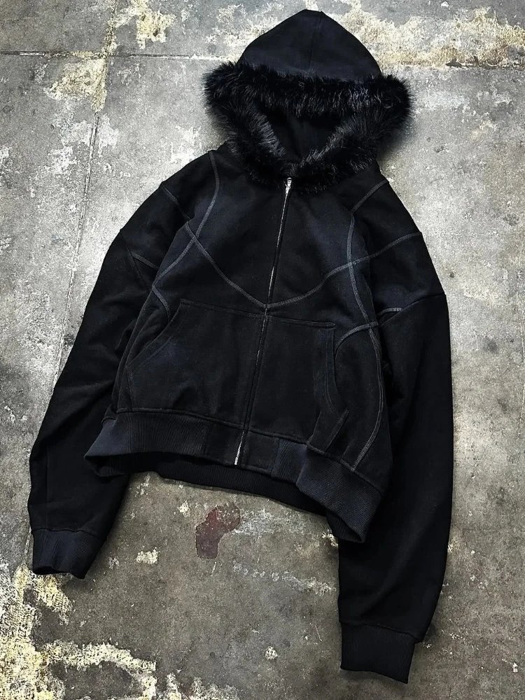 

2000s Dark Gothic Solid Color Plush Hat Collar High Street Hip Hop Long Sleeve Hoodies Autumn Winter Warm Windproof Loose Coat