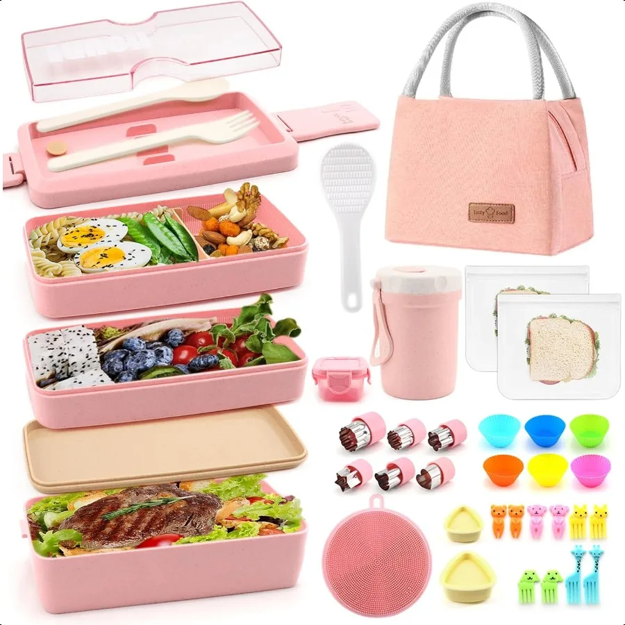 

35Pcs Bento Box Japanese Lunch Box Kit Leakproof Bento Lunch Box for Kid Adult Wheat Straw 3 Layer Stackable Lunch Container w