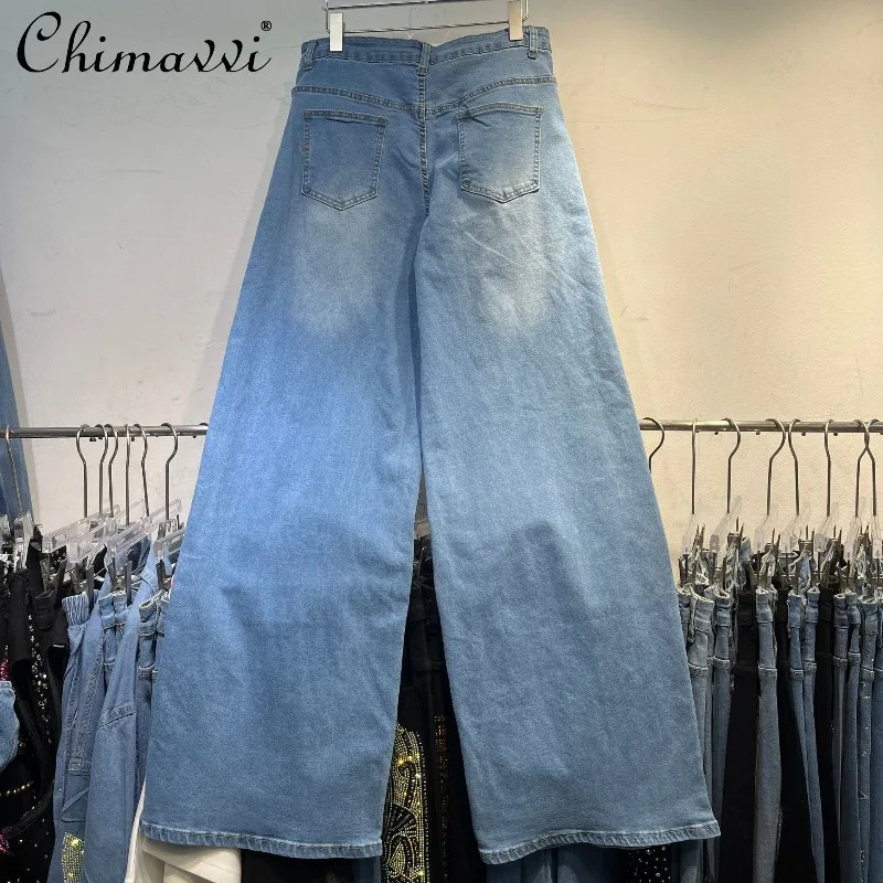 2025 Autumn New Fashion European Station 3D Pink Rose Jeans Heavy Beading Line Large Size Slimming Straight Long Denim Pants