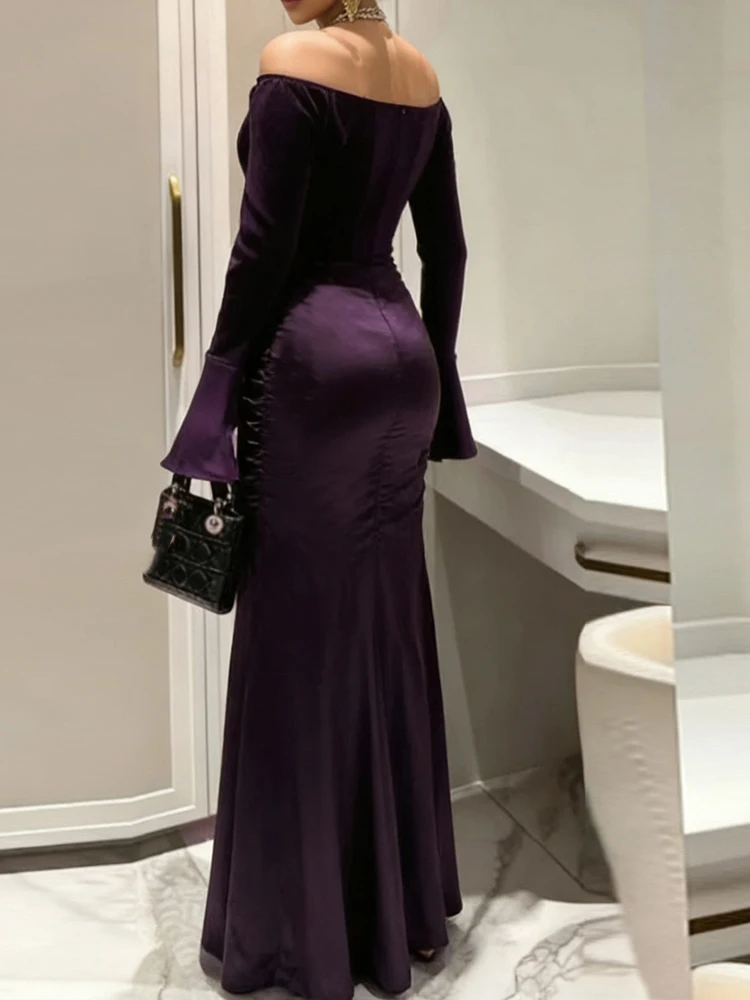 Vestido de Festa Elegante de Cintura Alta com Ombro Único e Pregas, Novo para Primavera e Verão, Vestido de Banquete em Cor Sólida de Cetim